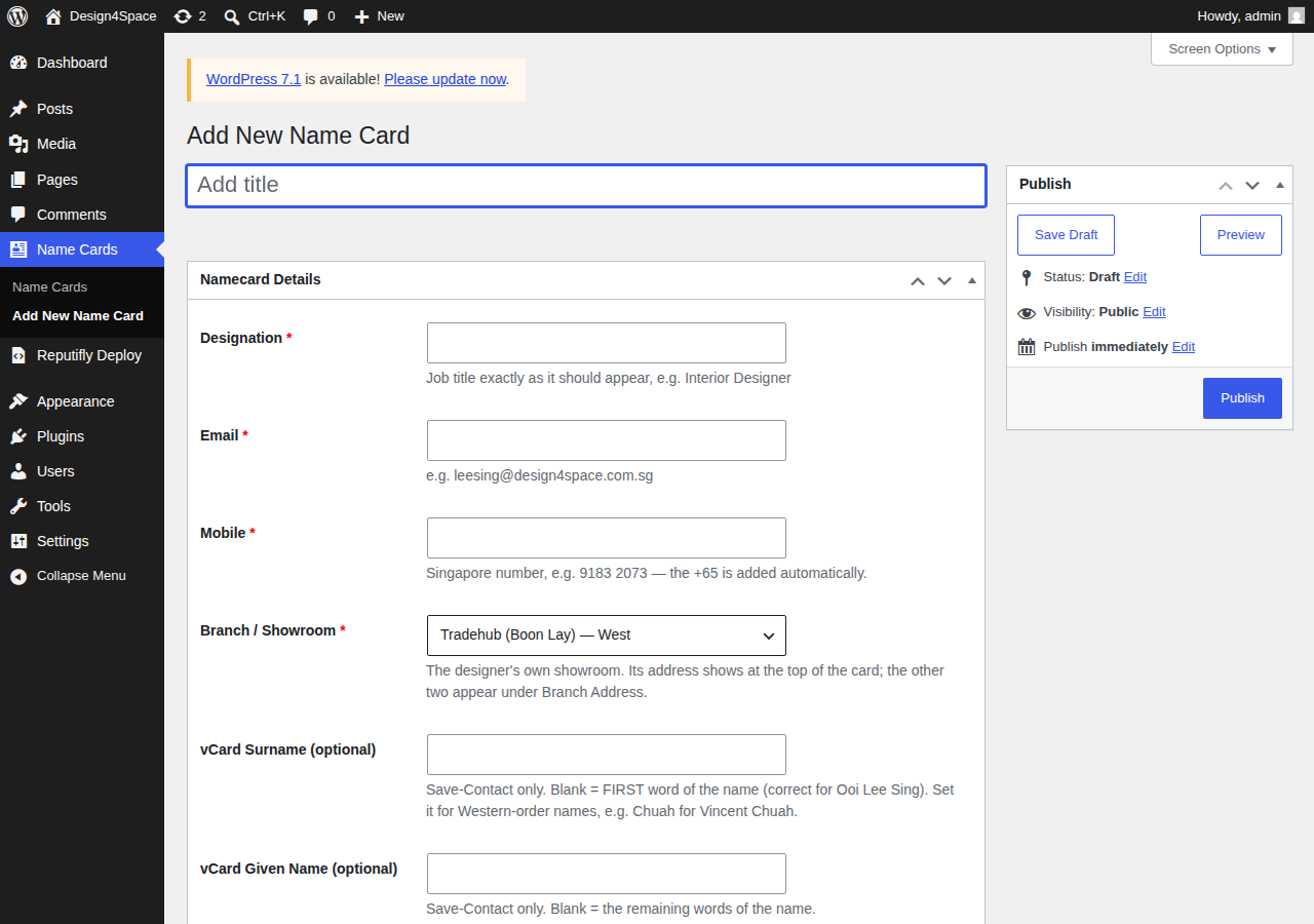 The Add New Name Card screen in WordPress, showing the title box and the Namecard Details fields