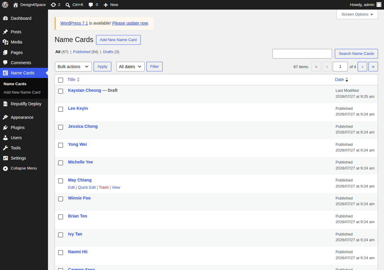 The Name Cards list screen in WordPress showing all staff cards with Edit, Quick Edit, Trash and View options